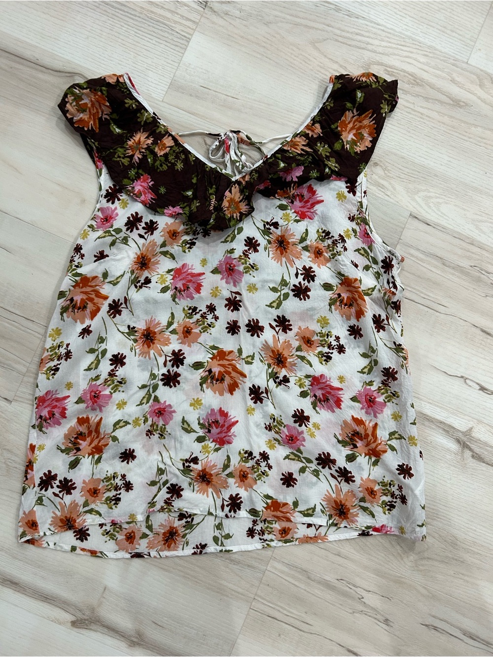 DR2 White Floral Ruffle Yoke Camisole with Pink & Orange Flowers